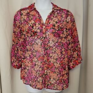 XL Avenue- Vibrant Floral Sheer Blouse - Pink and Orange